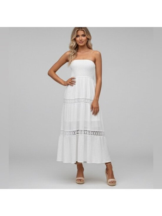 By Design Dresses & Skirts - Boho Lace Insert Shirred Tube A-Line Dress White